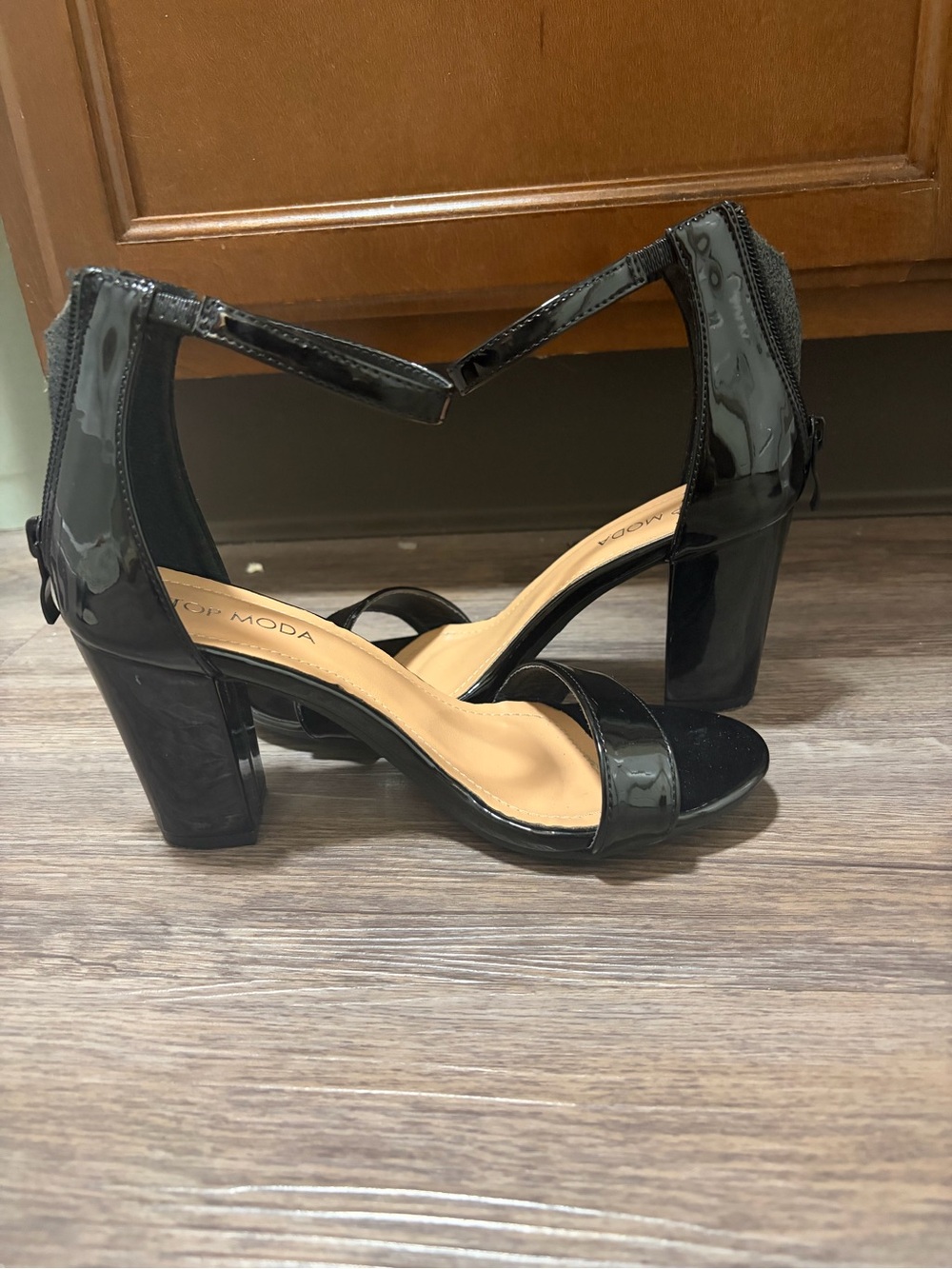 TOP Moda Black Patent Block Heel Sandals with Ankle Strap